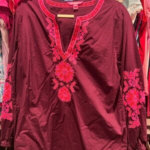 Lilly Pulitzer Burgundy Blouse with Pink Embroidery